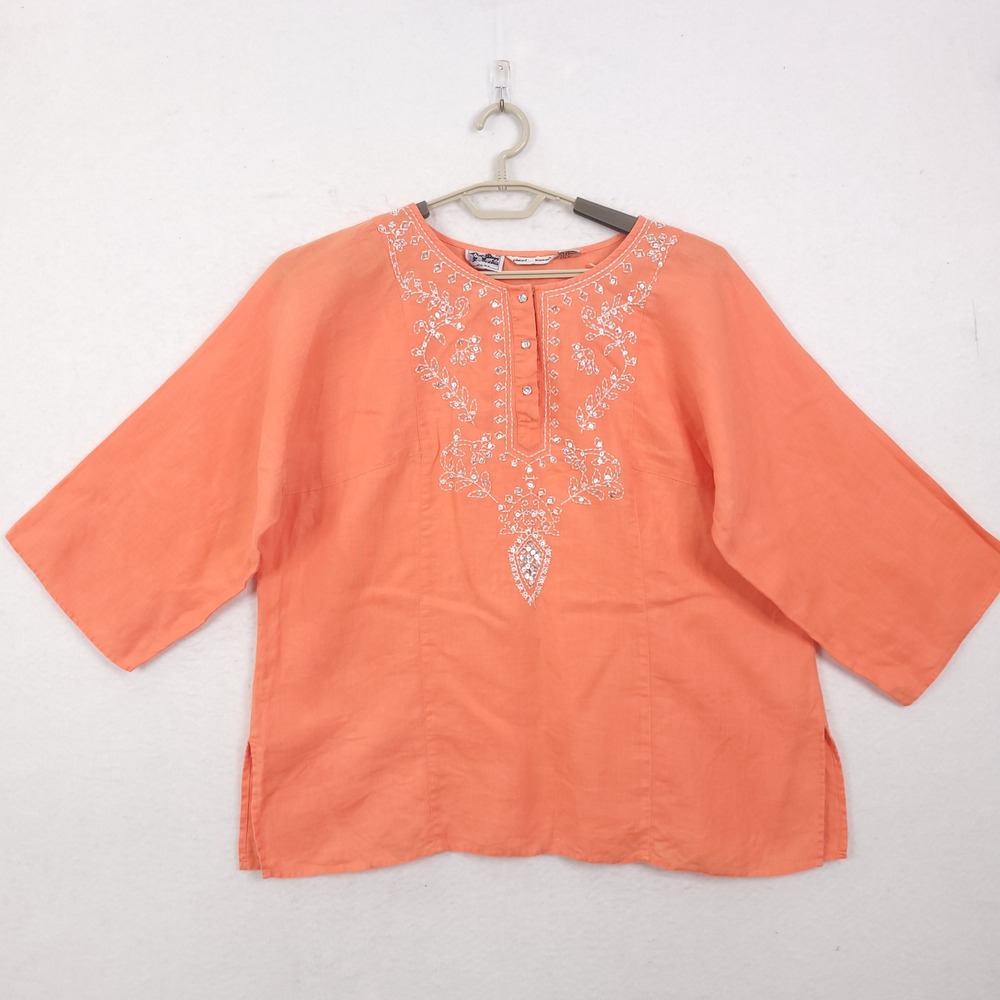 Edward Woman Irish Linen Tunic Plus 1X Coral Orange Embroidered Sequin Vocation